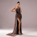 Women’s Gowns Sequined Elegant One Shoulder Leopard Evening Dress