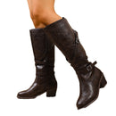 Women’s Knee-High Boots Elegant Retro Cross Belt Buckle Mid Heel Knight-5