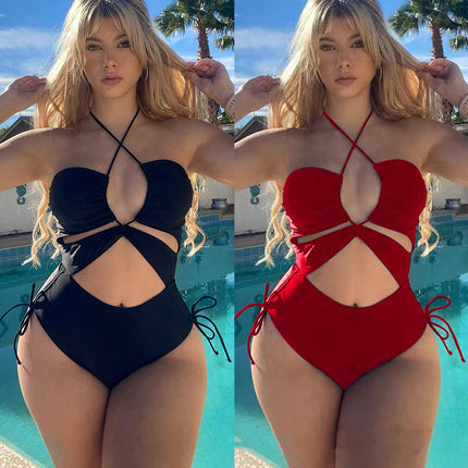 Women's swimsuit one-piece Solid Cut Out knotted halter neck