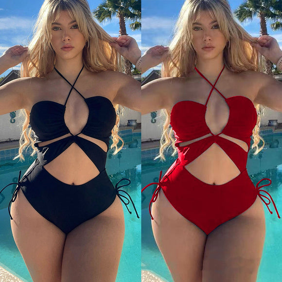 Women's swimsuit one-piece Solid Cut Out knotted halter neck