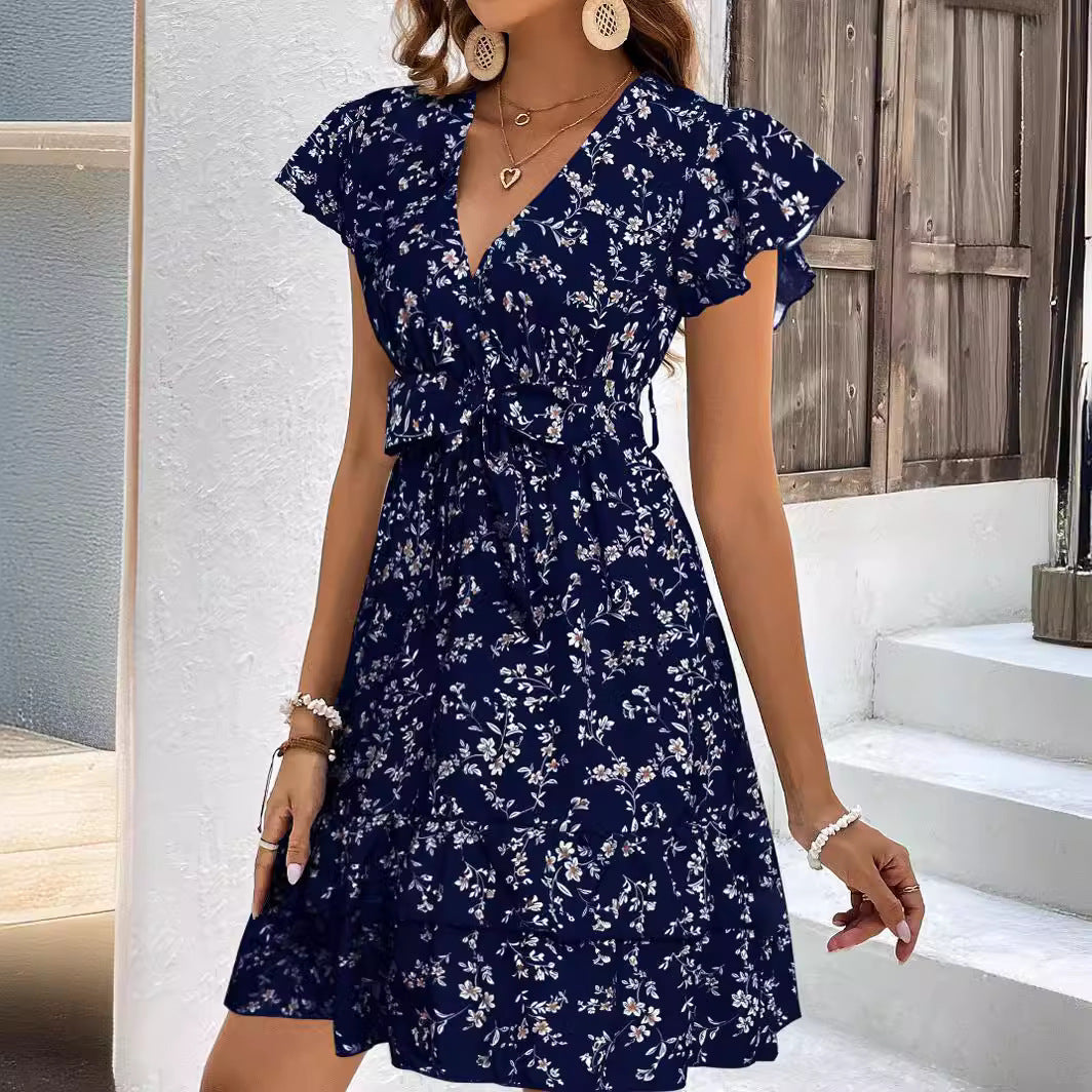 Women's mini dress Bohemian casual printed ruffle sleeve with belt