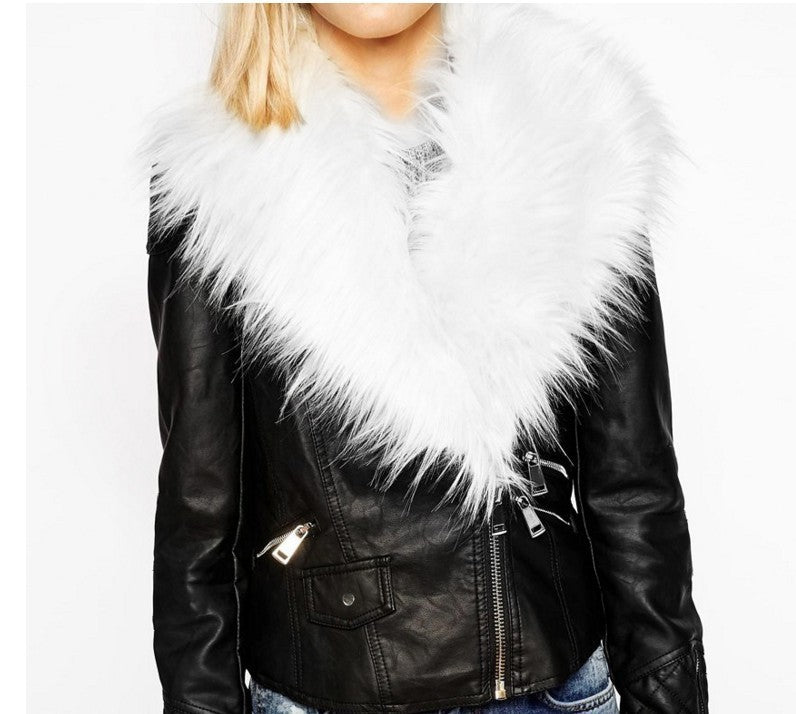 Women's short jacket faux leather fur collar elegant zipper fitted cut