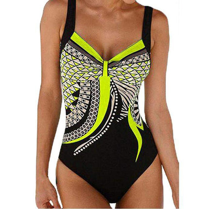 Women's swimsuit one-piece elegant strap retro printed