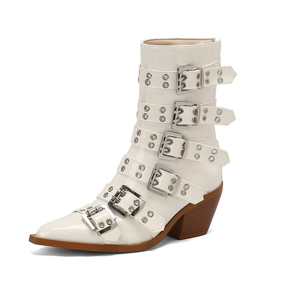 Women’s Mid Boots Elegant Pointed Knight Punk Belt Buckle Plus Size