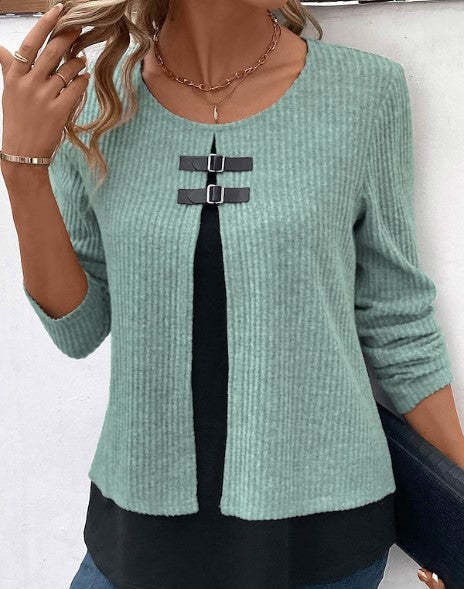 Women's Sweater knitted two-piece layered, long sleeves chic round neck