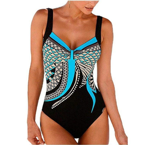 Women's swimsuit one-piece elegant strap retro printed