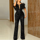 Women's Jumpsuit Elegant Bandeau V Neck Sequin Slim Feather