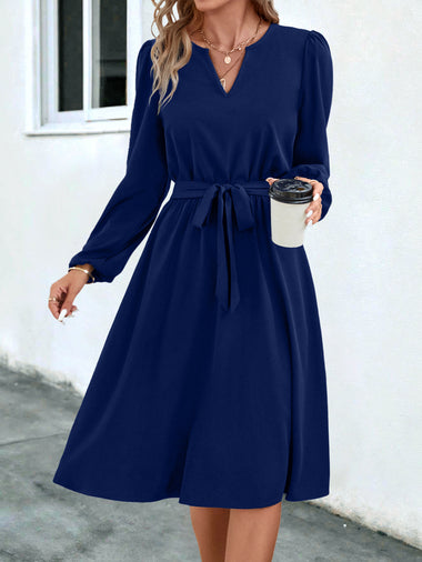 Women's dress trapeze, elegant long sleeve, solid belted, V neck