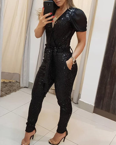 Women’s Jumpsuit Elegant Sequin Deep V Neck Slim Fit Long Sleeve