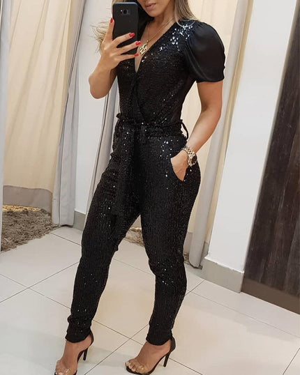Women’s Jumpsuit Elegant Sequin Deep V Neck Slim Fit Long Sleeve