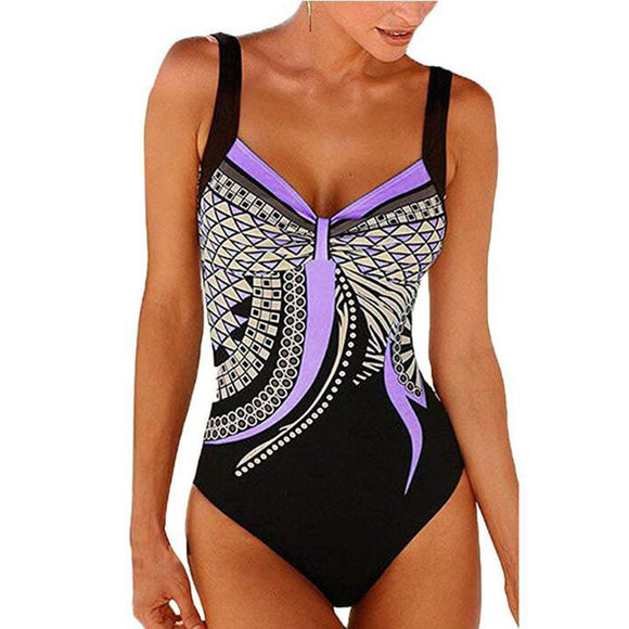 Women's swimsuit one-piece elegant strap retro printed