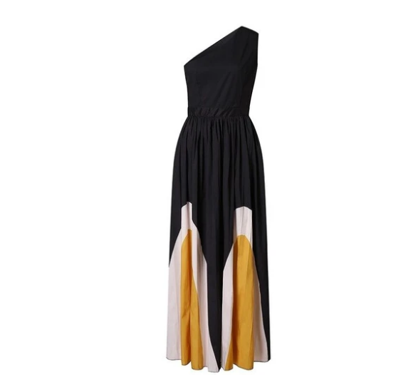 Women's Pleated Printed Long Dress, Strapless Contrast Stitching