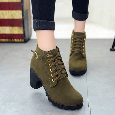 Women's ankle boots leather elegant lace-up square heels