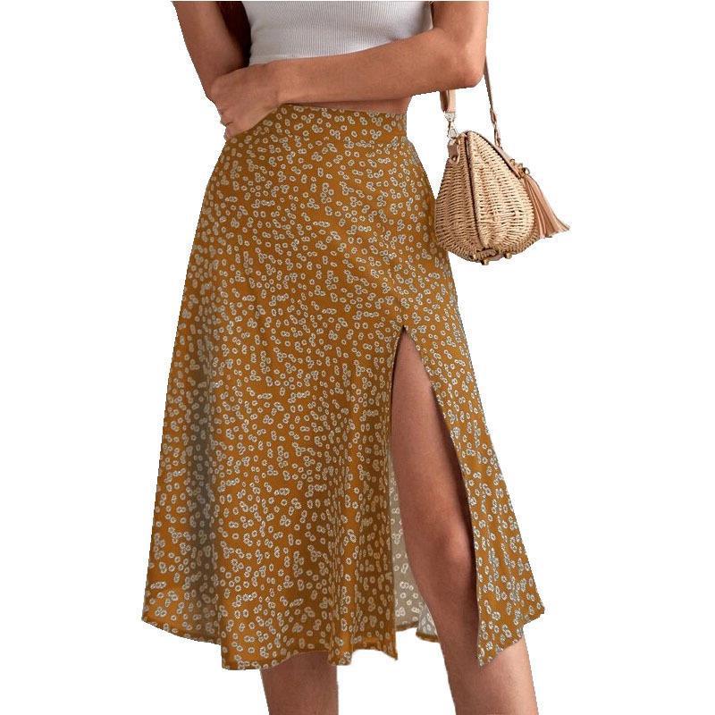 Women's midi skirt bohemian elegant high split floral print