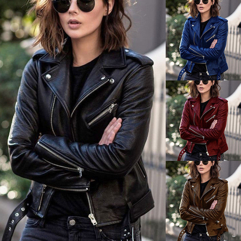 Women's short faux leather jacket zip fashionable and versatile