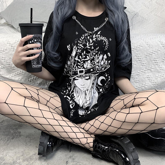 Elegant gothic print women's t-shirt, street clothing, summer t-shirts