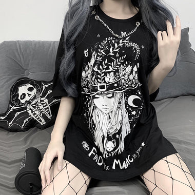 Elegant gothic print women's t-shirt, street clothing, summer t-shirts