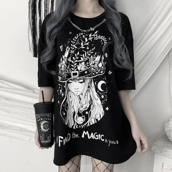 Elegant gothic print women's t-shirt, street clothing, summer t-shirts
