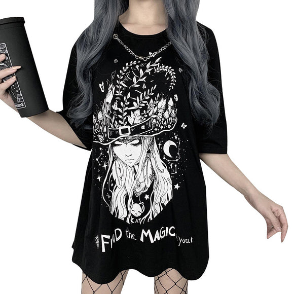 Elegant gothic print women's t-shirt, street clothing, summer t-shirts