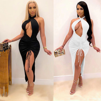 Women's dress elegant sexy party, backless, pleated slit, bodycon