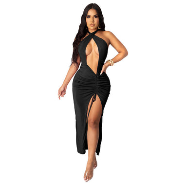 Women's dress elegant sexy party, backless, pleated slit, bodycon