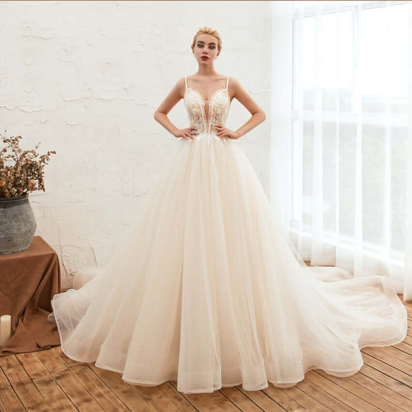 Starry Sky Luxury Tail Princess Wedding Dress Backless