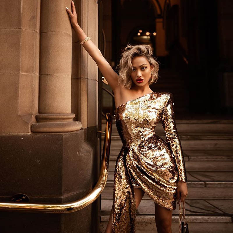 Mini Dress elegant party gold sequin, long sleeve, one shoulder