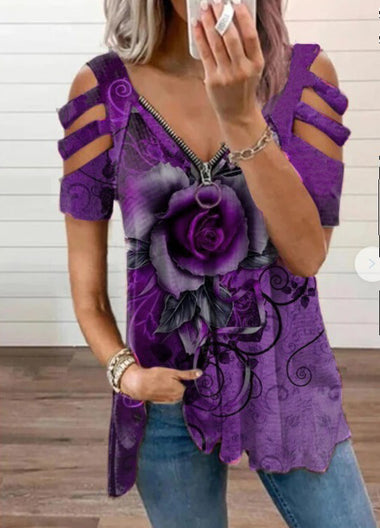 Women's Printed Short Sleeve Slightly Stretchy Zipper T-Shirt, v neck