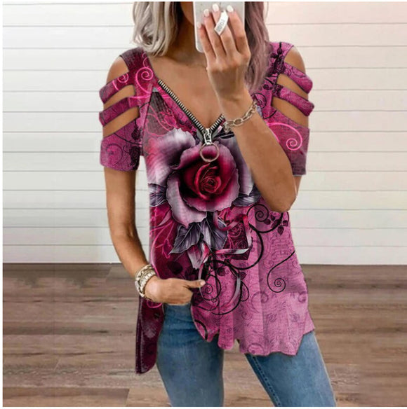 Women's Printed Short Sleeve Slightly Stretchy Zipper T-Shirt, v neck