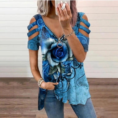 Women's Printed Short Sleeve Slightly Stretchy Zipper T-Shirt, v neck