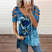Women's Printed Short Sleeve Slightly Stretchy Zipper T-Shirt, v neck
