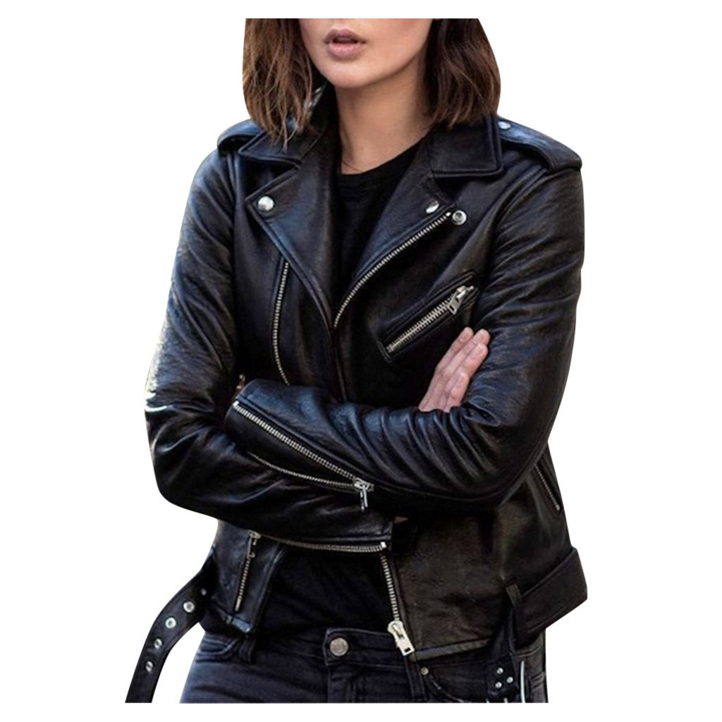 Women's short faux leather jacket zip fashionable and versatile