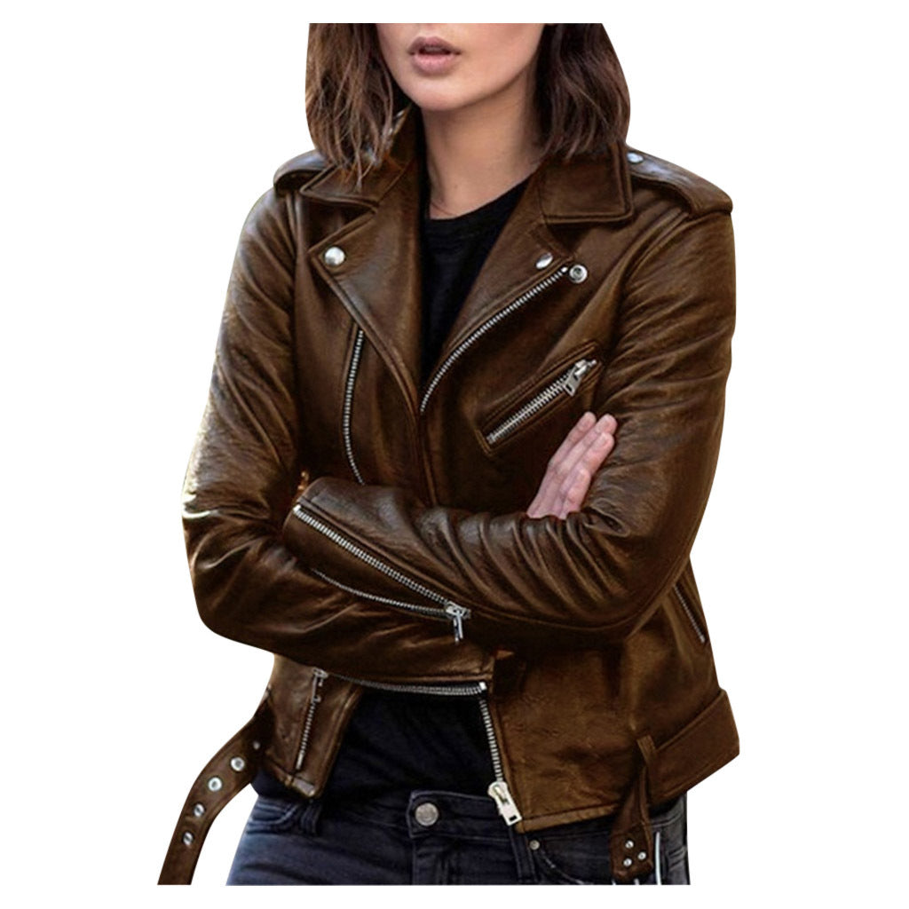 Women's short faux leather jacket zip fashionable and versatile