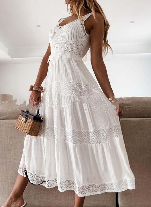Women's v-neck lace A-line long dress, elegant casual maxi dress