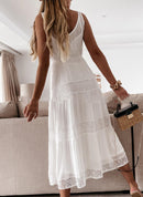 Women's v-neck lace A-line long dress, elegant casual maxi dress