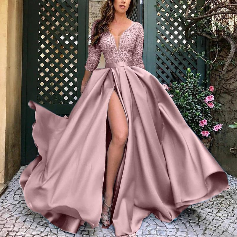 Women's dress evening elegant, high slit sexy, long sleeves, prom, wedding