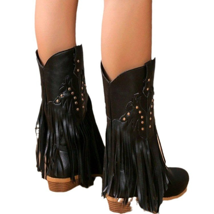 Women's  boots leather cowboy western denim tassel leisure specials