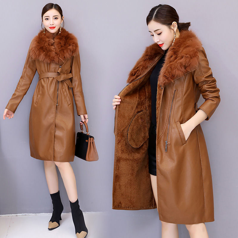 Women's coats PU leather elegant faux fur collar warm chic