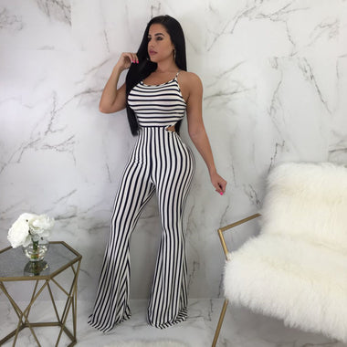 Women's Jumpsuit Elegant Striped Slim Fit Backless Romper - 0