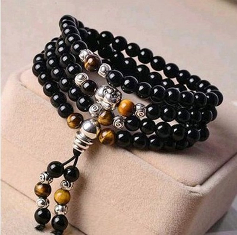 Acheter tete-de-bouddha-en-argent-noir Bracelet Mala perles obsidienne prière 108 pour la guérison méditation