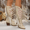 Women's Western Cowboy Boots Elegant Pointed Toe Chunky Heel Star Fringe