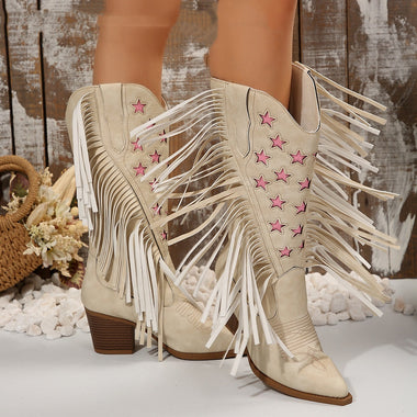 Women's Western Cowboy Boots Elegant Pointed Toe Chunky Heel Star Fringe