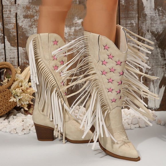 Women's Western Cowboy Boots Elegant Pointed Toe Chunky Heel Star Fringe