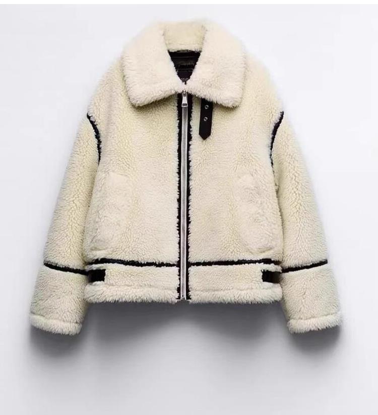 Women's jacket zipped in faux fur elegant lapel collar warm