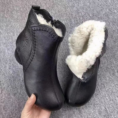 Women’s Ankle Boots Leather Elegant Soft-soled Chunky Heel Warm Fleece