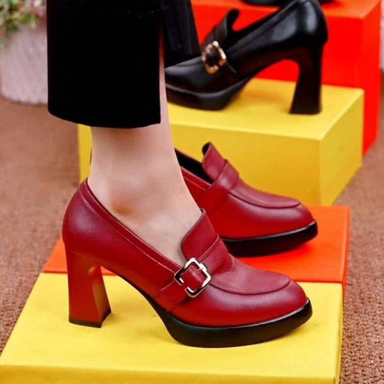 Women's shoes leather square high heels elegant office lightweight