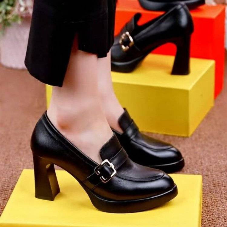 Women's shoes leather square high heels elegant office lightweight