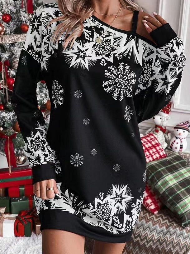 Women's Christmas dress snowflake print long sleeves sloping shoulders