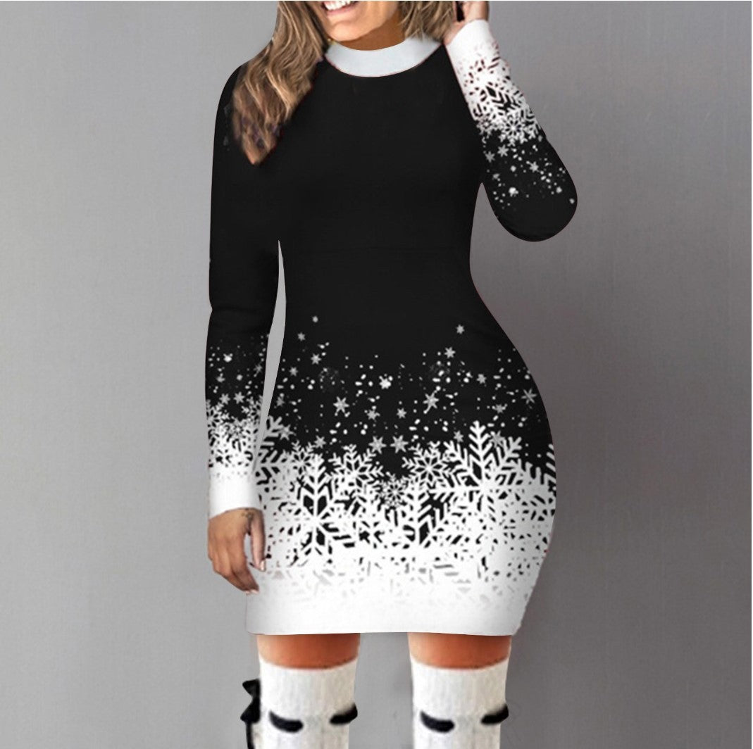 Women's dress elegant long sleeve Christmas print