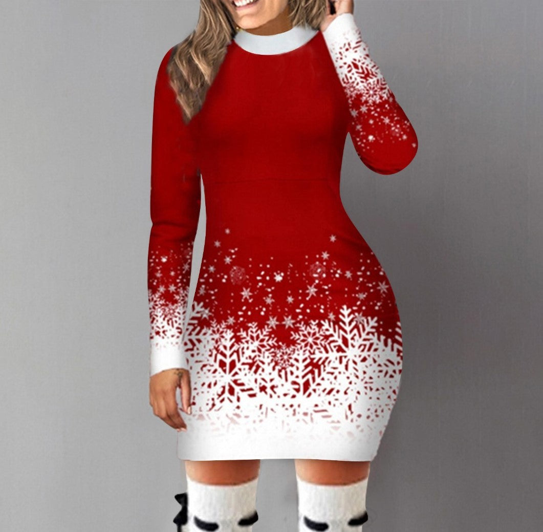 Women's dress elegant long sleeve Christmas print